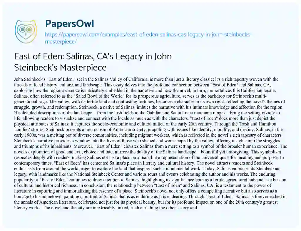 Essay on East of Eden: Salinas, CA’s Legacy in John Steinbeck’s Masterpiece