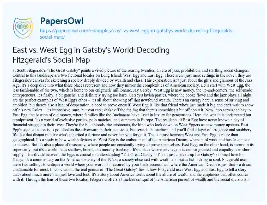 Essay on East Vs. West Egg in Gatsby’s World: Decoding Fitzgerald’s Social Map