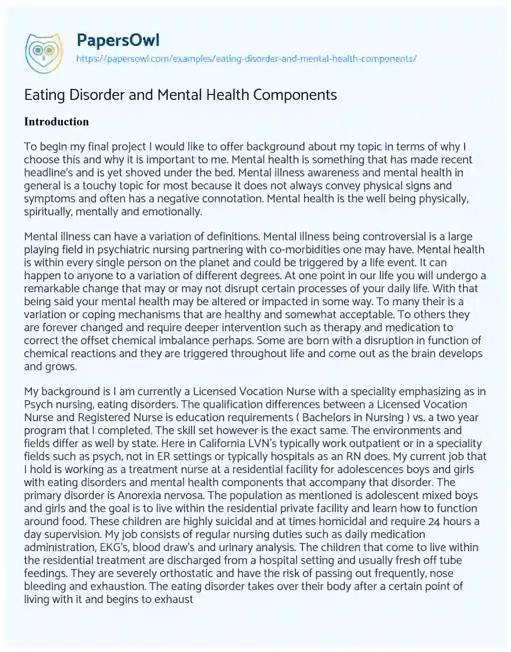 Essay on Eating Disorder and Mental Health Components