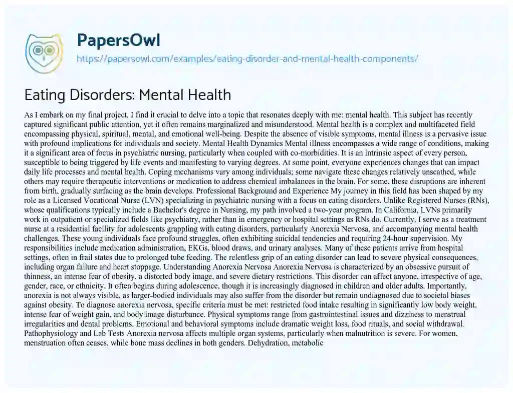 Essay on Eating Disorder and Mental Health Components