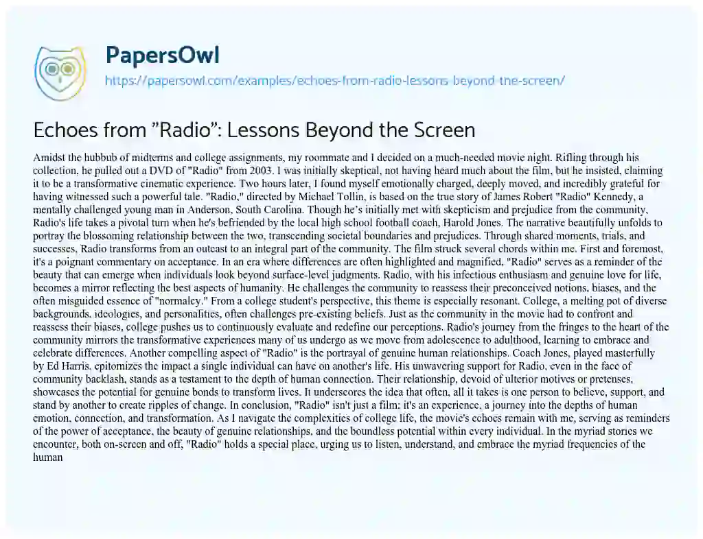 Essay on Echoes from “Radio”: Lessons Beyond the Screen