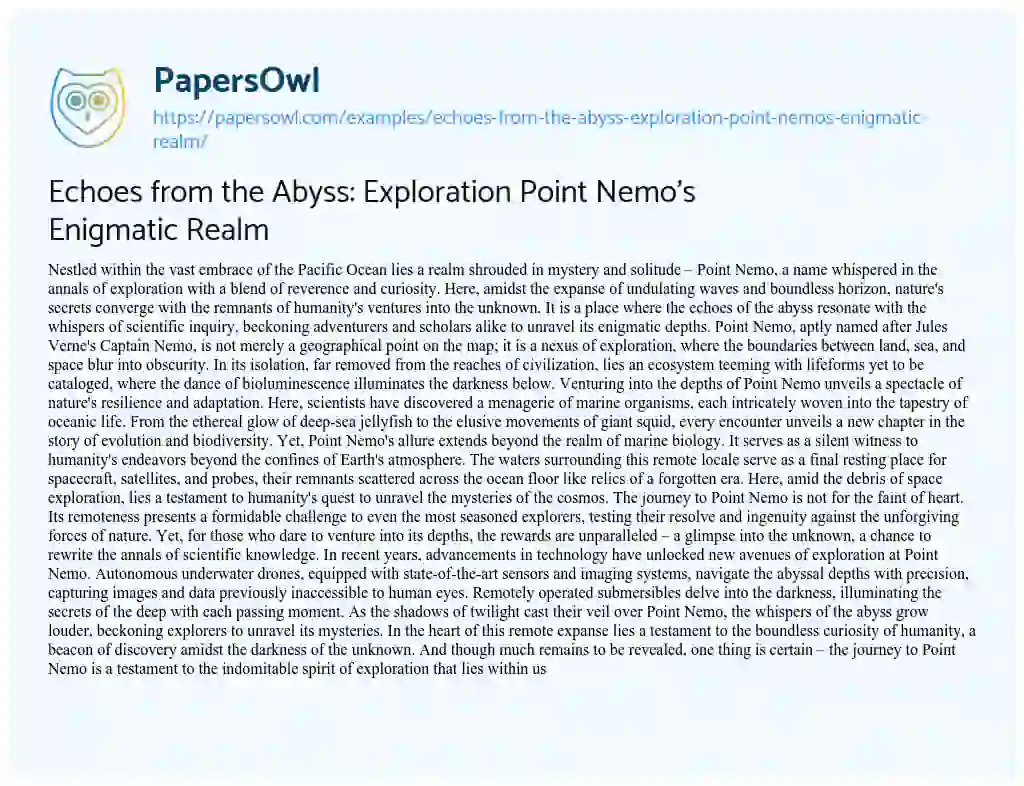 Essay on Echoes from the Abyss: Exploration Point Nemo’s Enigmatic Realm
