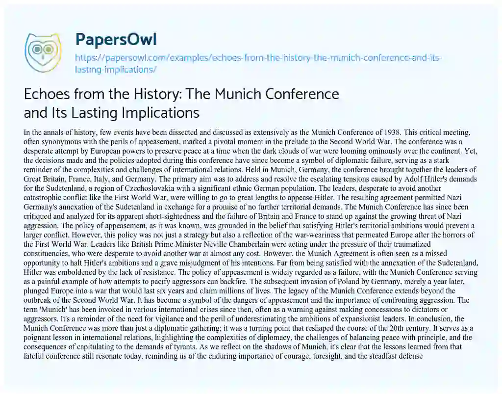 Essay on Echoes from the History: the Munich Conference and its Lasting Implications