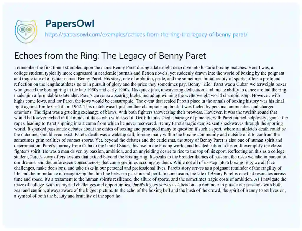 Essay on Echoes from the Ring: the Legacy of Benny Paret