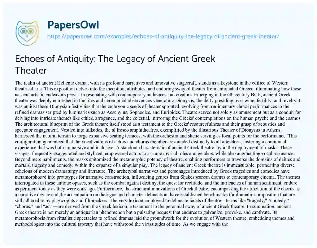 Essay on Echoes of Antiquity: the Legacy of Ancient Greek Theater