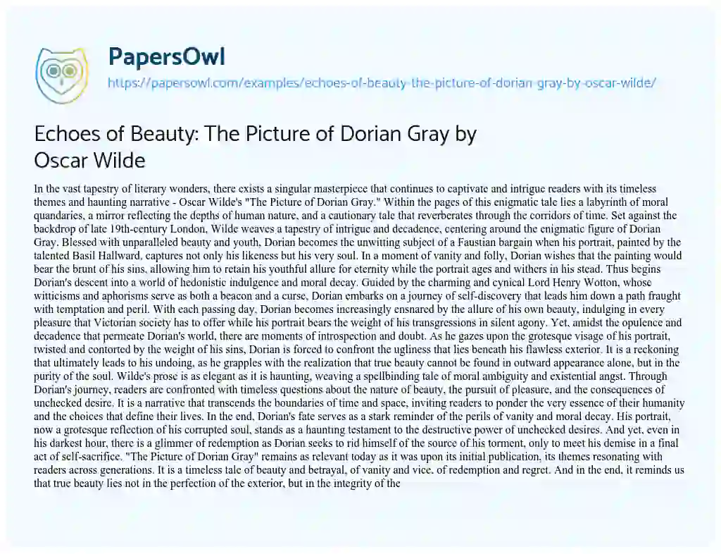 Essay on Echoes of Beauty: the Picture of Dorian Gray by Oscar Wilde