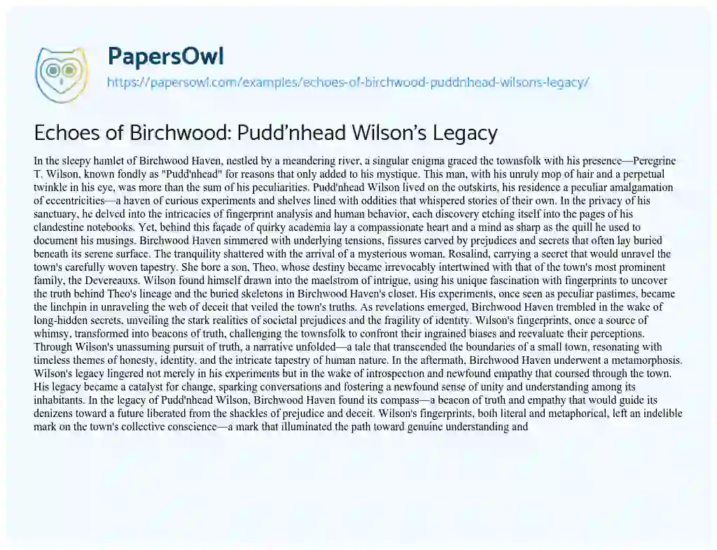 Essay on Echoes of Birchwood: Pudd’nhead Wilson’s Legacy