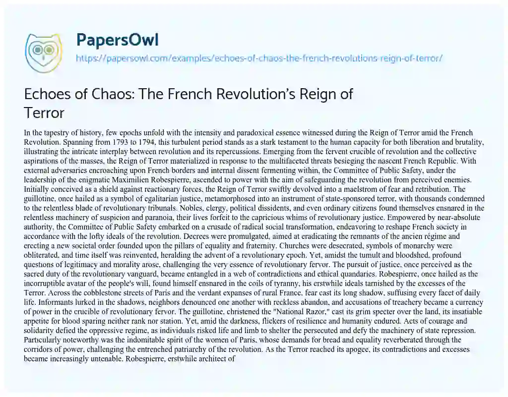 Essay on Echoes of Chaos: the French Revolution’s Reign of Terror