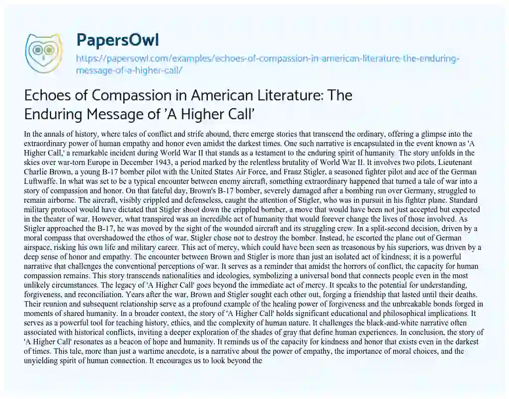 Essay on Echoes of Compassion in American Literature: the Enduring Message of ‘A Higher Call’