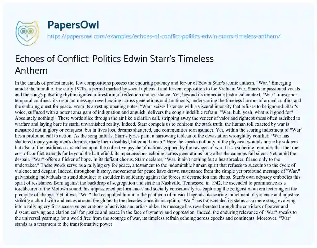 Essay on Echoes of Conflict: Politics Edwin Starr’s Timeless Anthem