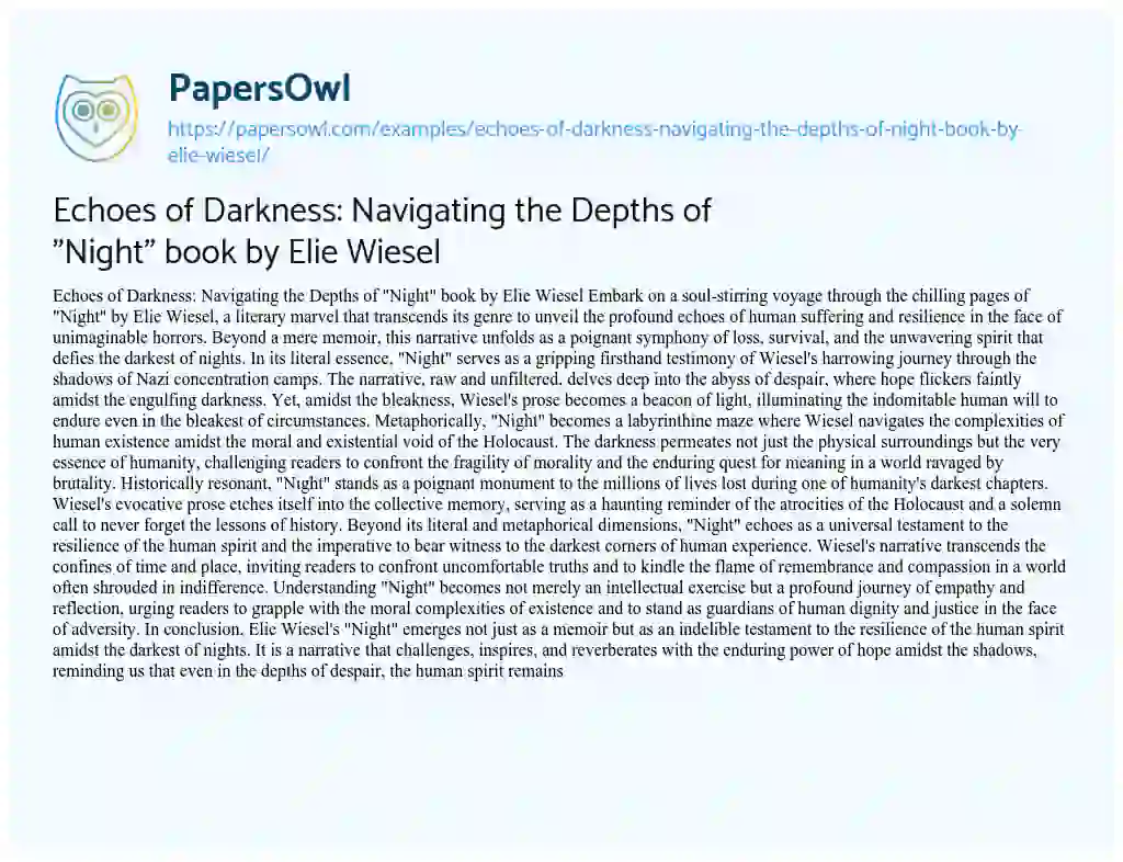 Essay on Echoes of Darkness: Navigating the Depths of “Night” Book by Elie Wiesel