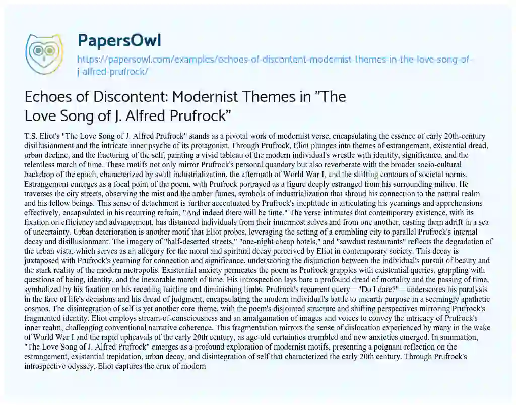 Essay on Echoes of Discontent: Modernist Themes in “The Love Song of J. Alfred Prufrock”