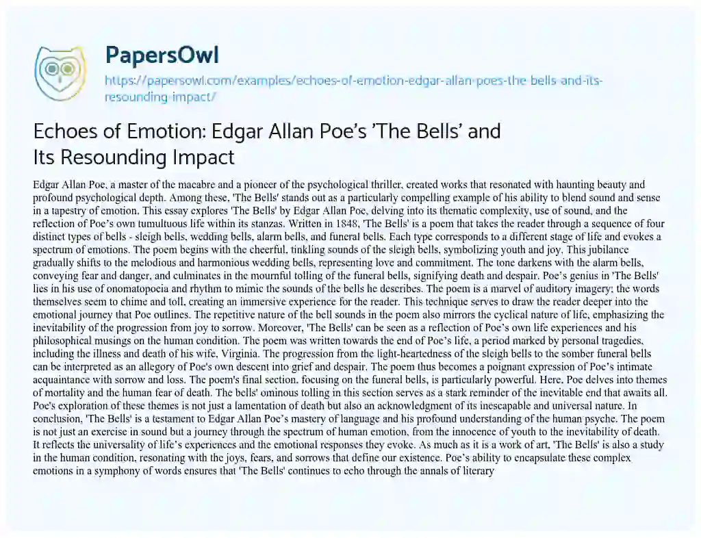 Essay on Echoes of Emotion: Edgar Allan Poe’s ‘The Bells’ and its Resounding Impact