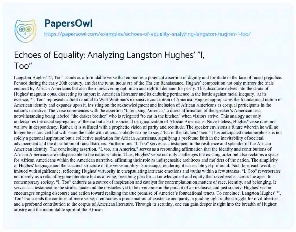 Essay on Echoes of Equality: Analyzing Langston Hughes’ “I, Too”