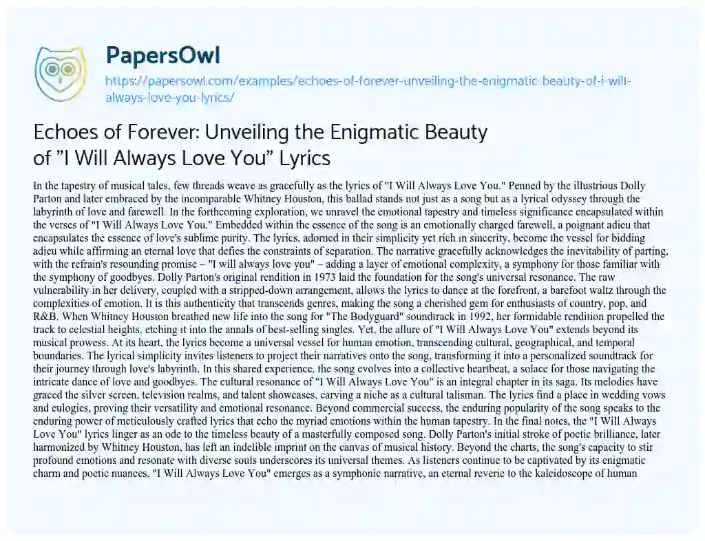 Essay on Echoes of Forever: Unveiling the Enigmatic Beauty of “I Will Always Love You” Lyrics