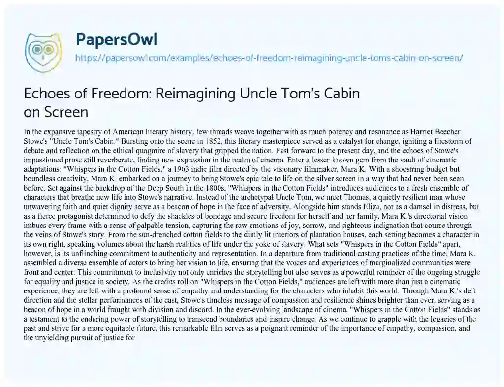 Essay on Echoes of Freedom: Reimagining Uncle Tom’s Cabin on Screen