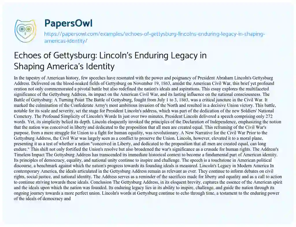 Essay on Echoes of Gettysburg: Lincoln’s Enduring Legacy in Shaping America’s Identity
