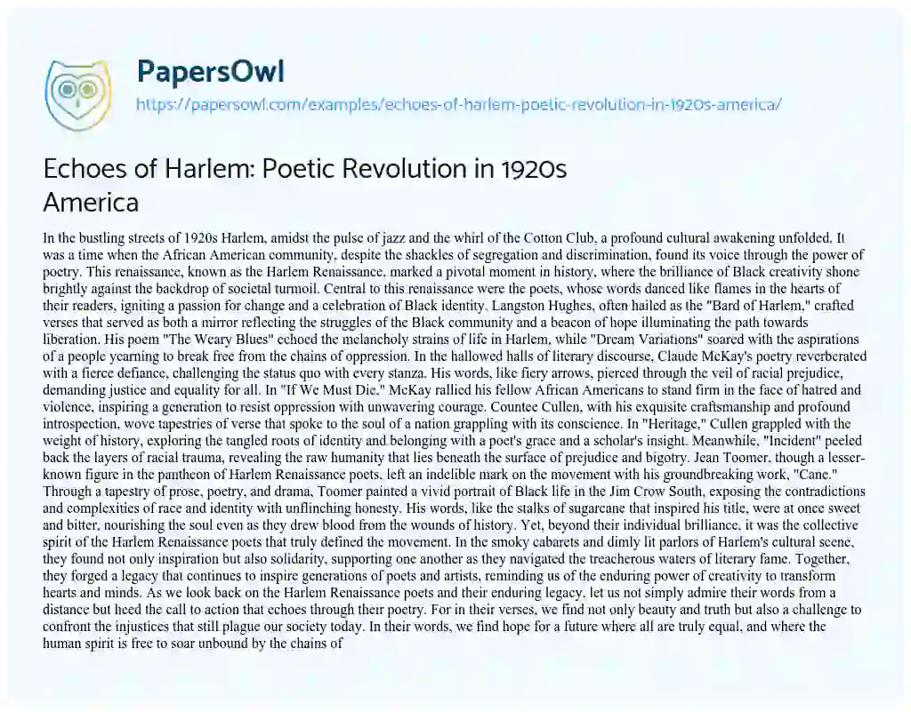 Essay on Echoes of Harlem: Poetic Revolution in 1920s America