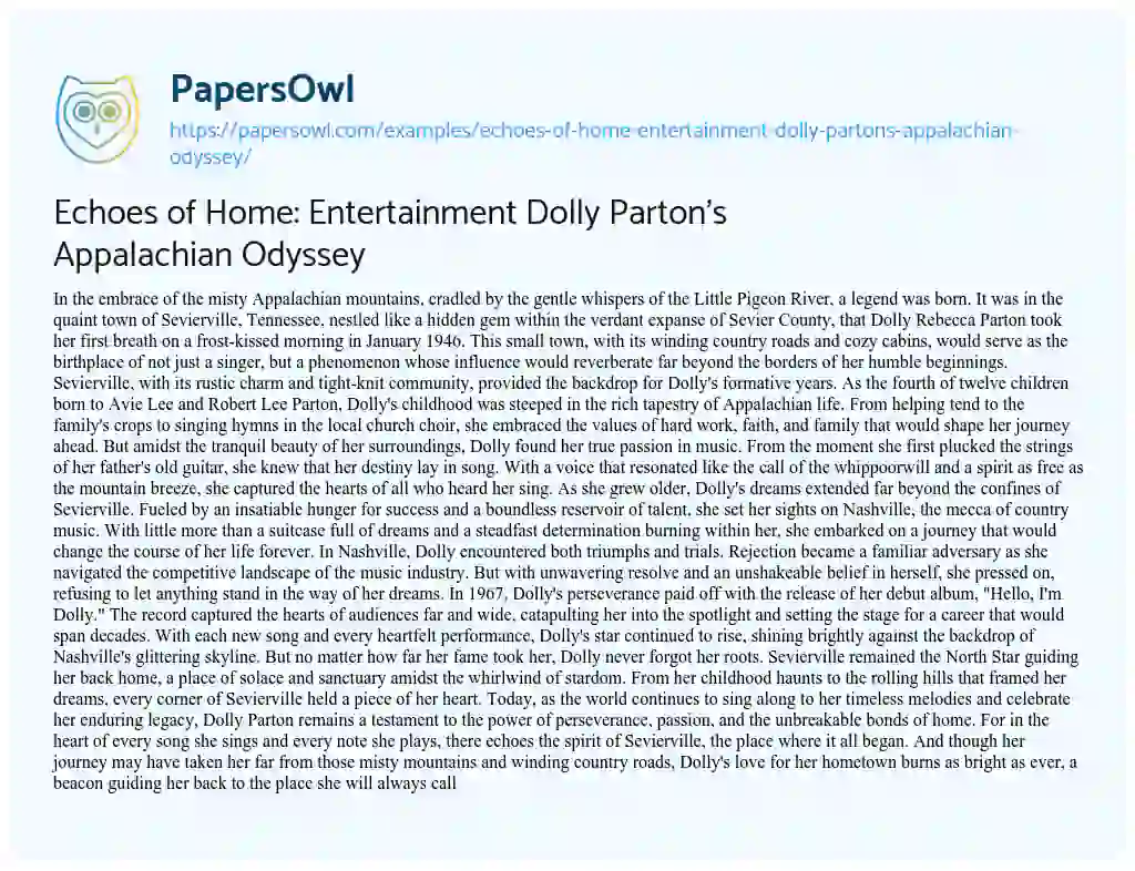 Essay on Echoes of Home: Entertainment Dolly Parton’s Appalachian Odyssey