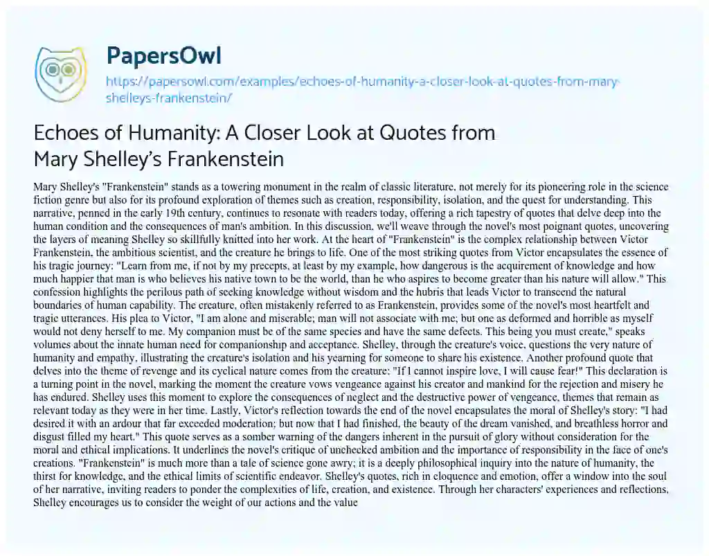 Essay on Echoes of Humanity: a Closer Look at Quotes from Mary Shelley’s Frankenstein