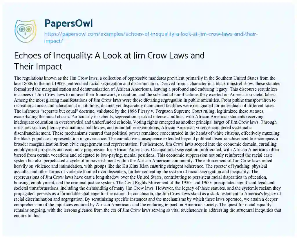 Essay on Echoes of Inequality: a Look at Jim Crow Laws and their Impact