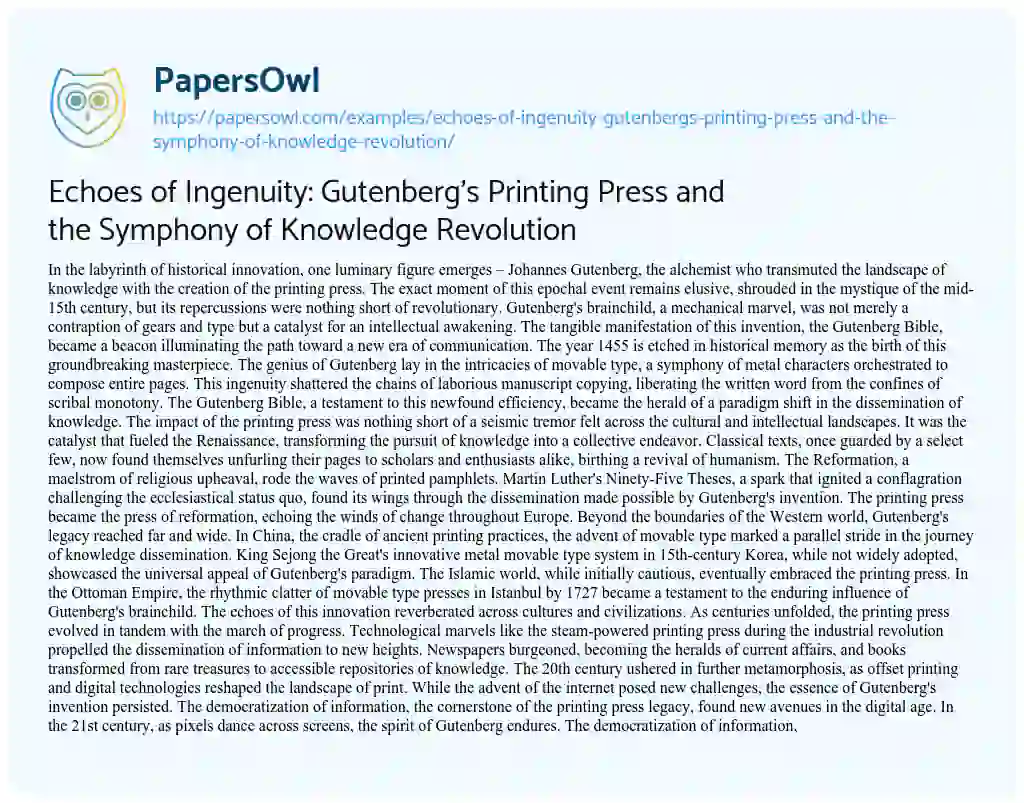 Essay on Echoes of Ingenuity: Gutenberg’s Printing Press and the Symphony of Knowledge Revolution