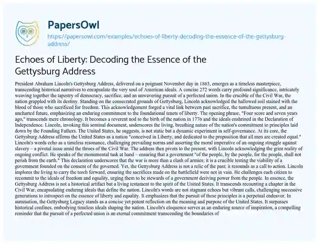 Essay on Echoes of Liberty: Decoding the Essence of the Gettysburg Address