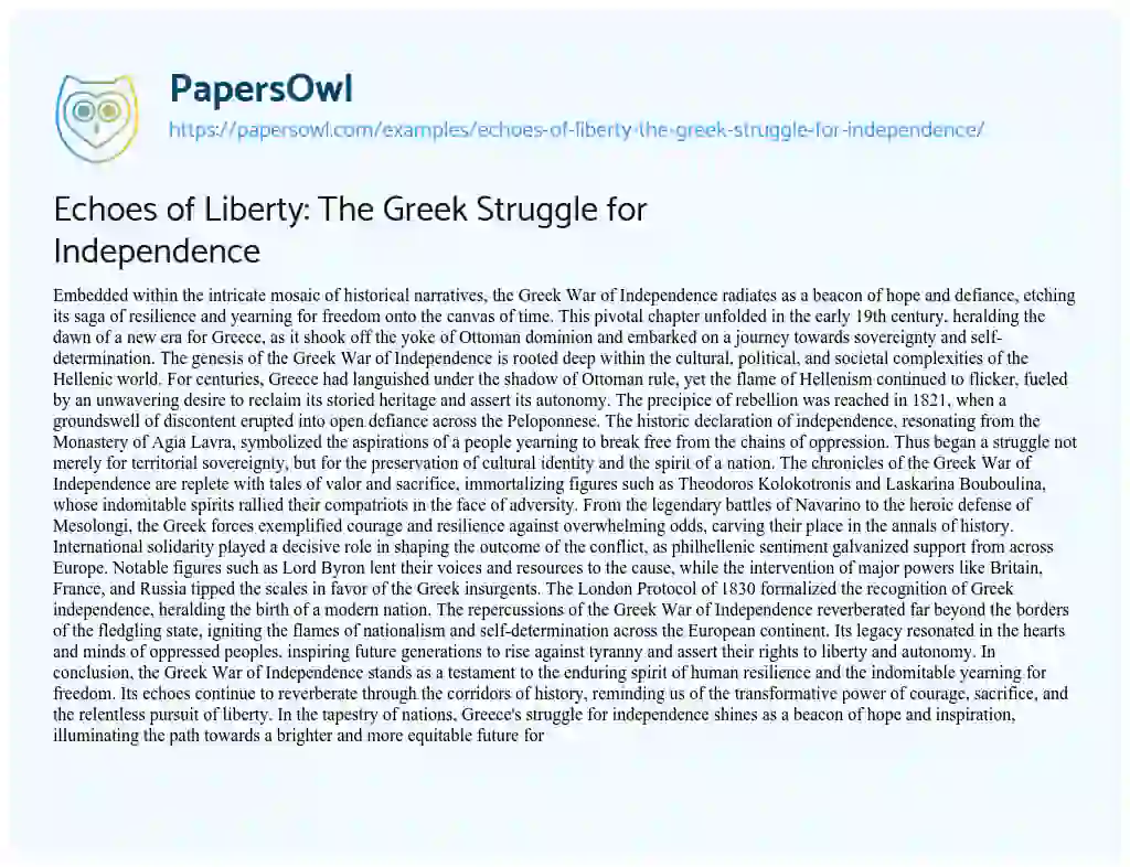 Essay on Echoes of Liberty: the Greek Struggle for Independence