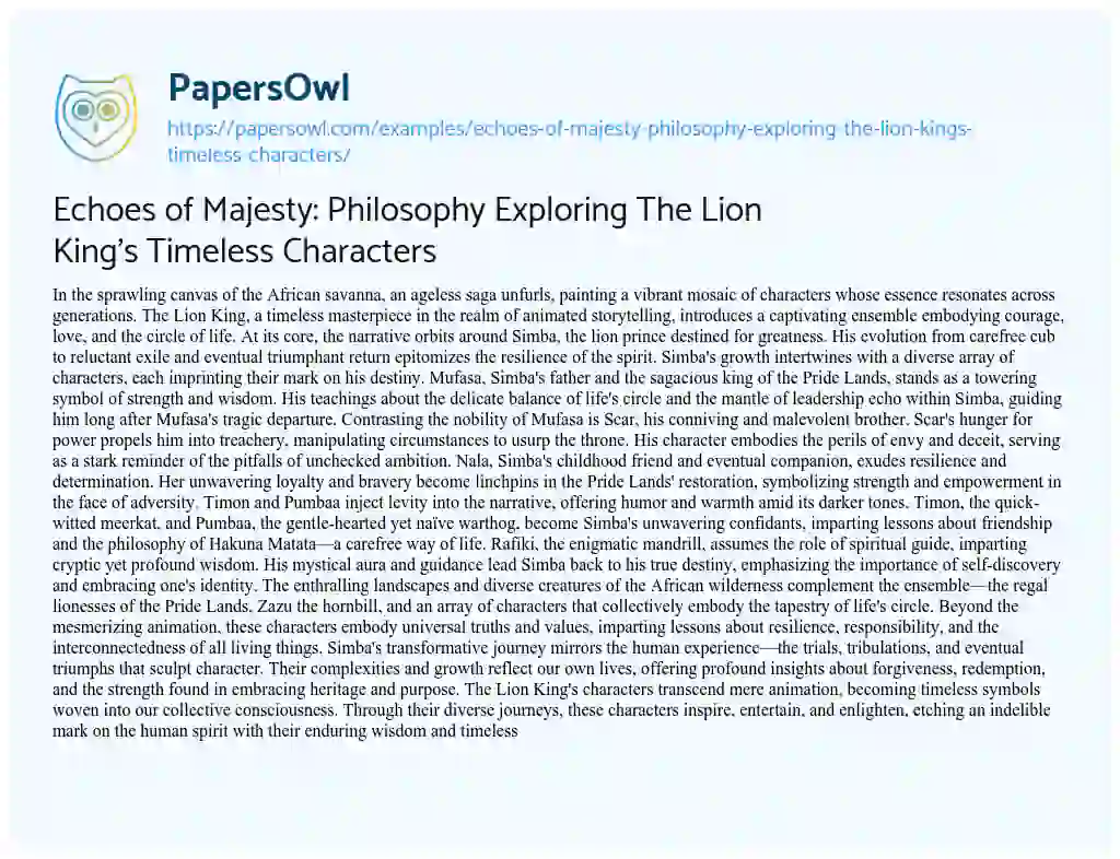 Essay on Echoes of Majesty: Philosophy Exploring the Lion King’s Timeless Characters