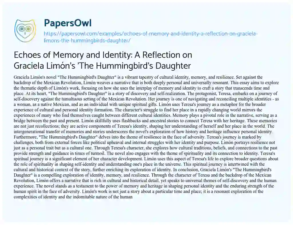 Essay on Echoes of Memory and Identity: a Reflection on Graciela Limón’s ‘The Hummingbird’s Daughter