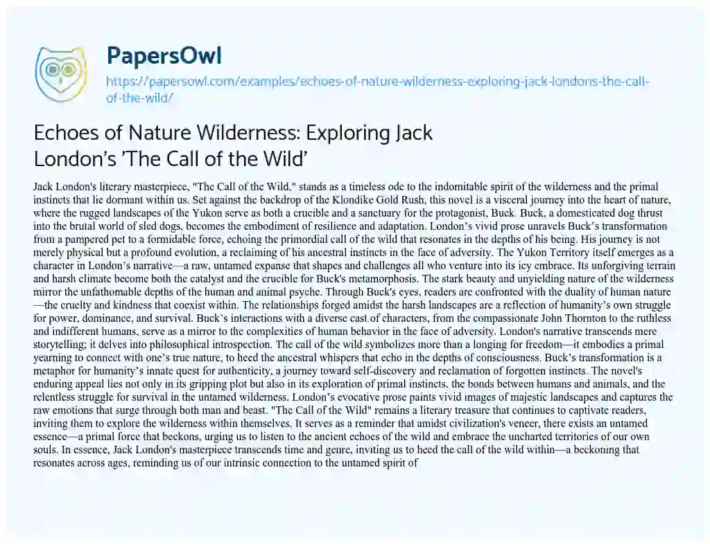Essay on Echoes of Nature Wilderness: Exploring Jack London’s ‘The Call of the Wild’