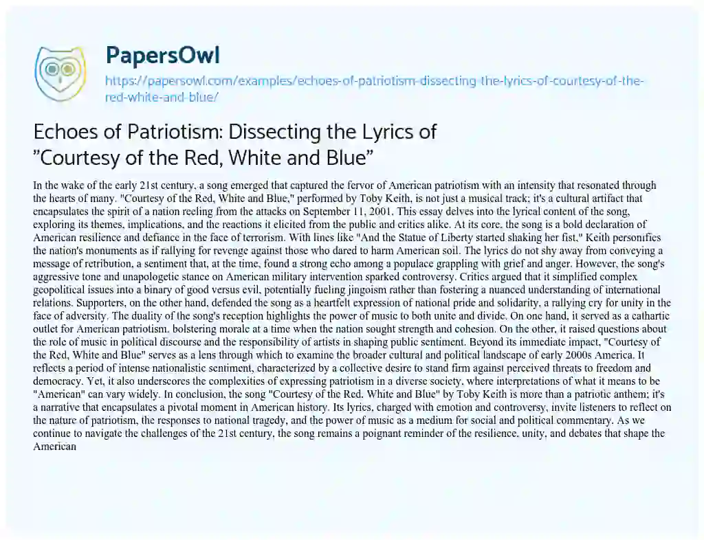 Essay on Echoes of Patriotism: Dissecting the Lyrics of “Courtesy of the Red, White and Blue”