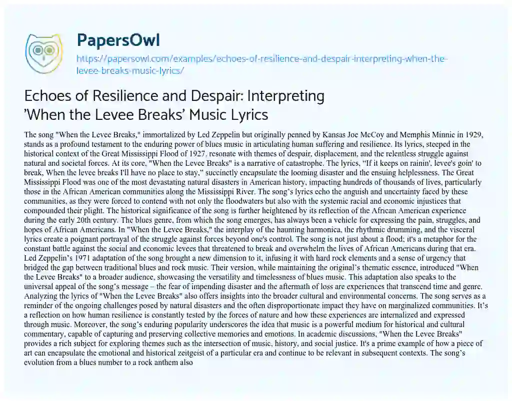 Essay on Echoes of Resilience and Despair: Interpreting ‘When the Levee Breaks’ Music Lyrics