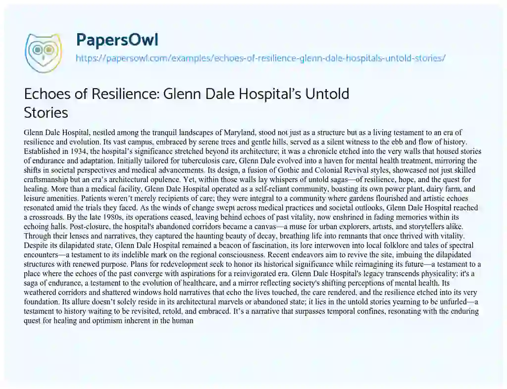 Essay on Echoes of Resilience: Glenn Dale Hospital’s Untold Stories