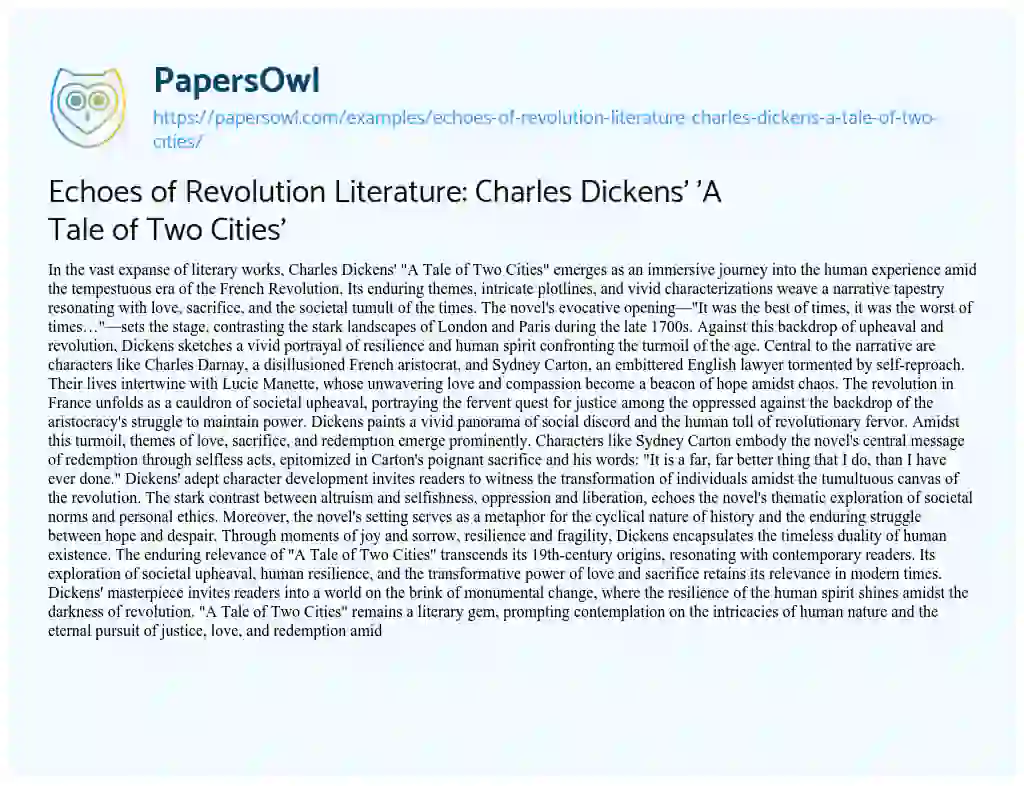 Essay on Echoes of Revolution Literature: Charles Dickens’ ‘A Tale of Two Cities’