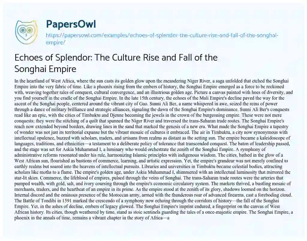 Essay on Echoes of Splendor: the Culture Rise and Fall of the Songhai Empire