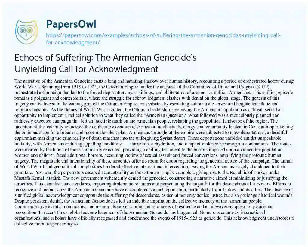 Essay on Echoes of Suffering: the Armenian Genocide’s Unyielding Call for Acknowledgment