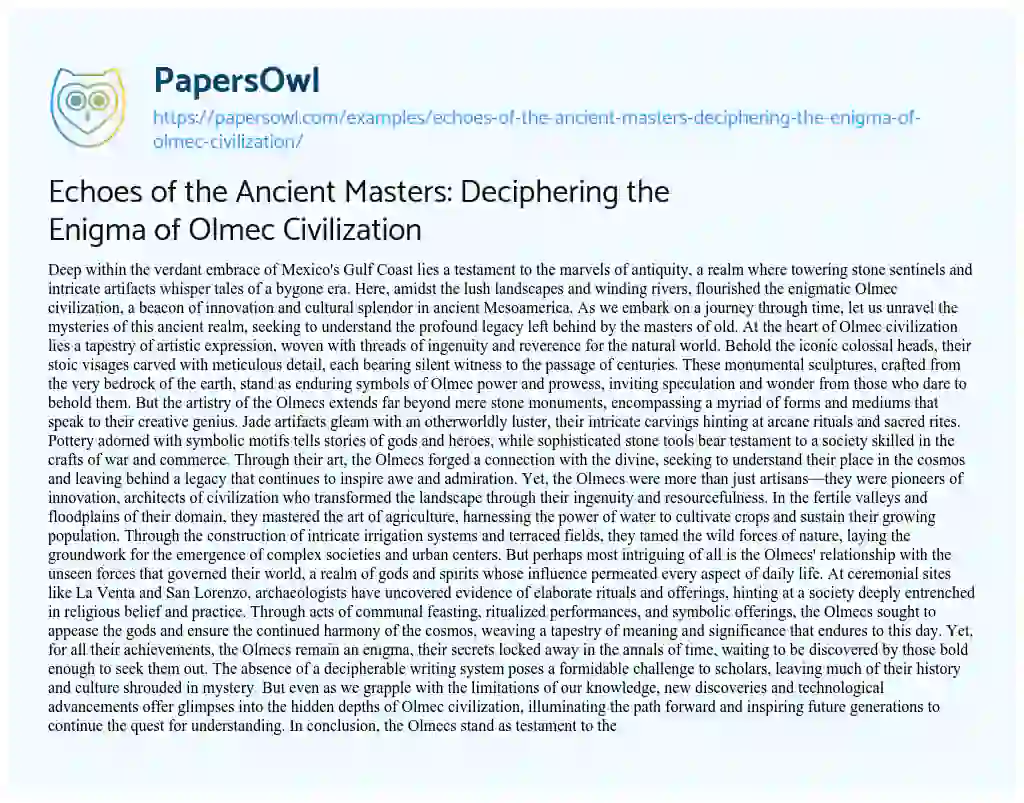 Essay on Echoes of the Ancient Masters: Deciphering the Enigma of Olmec Civilization