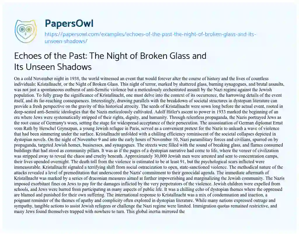 Essay on Echoes of the Past: the Night of Broken Glass and its Unseen Shadows