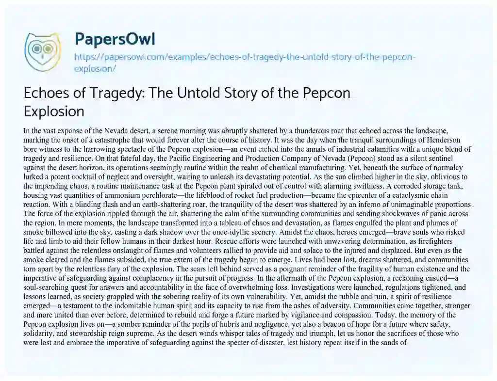 Essay on Echoes of Tragedy: the Untold Story of the Pepcon Explosion