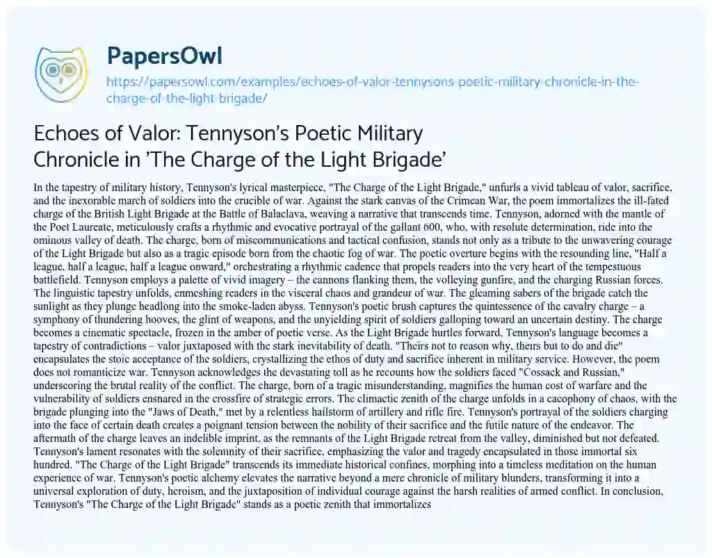 Essay on Echoes of Valor: Tennyson’s Poetic Military Chronicle in ‘The Charge of the Light Brigade’
