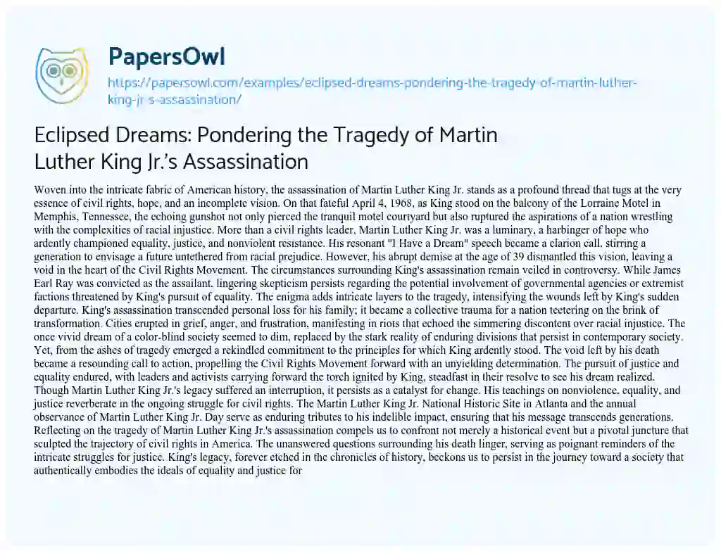 Essay on Eclipsed Dreams: Pondering the Tragedy of Martin Luther King Jr.’s Assassination