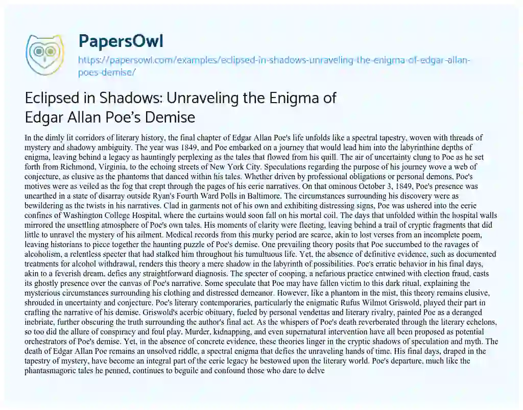 Essay on Eclipsed in Shadows: Unraveling the Enigma of Edgar Allan Poe’s Demise