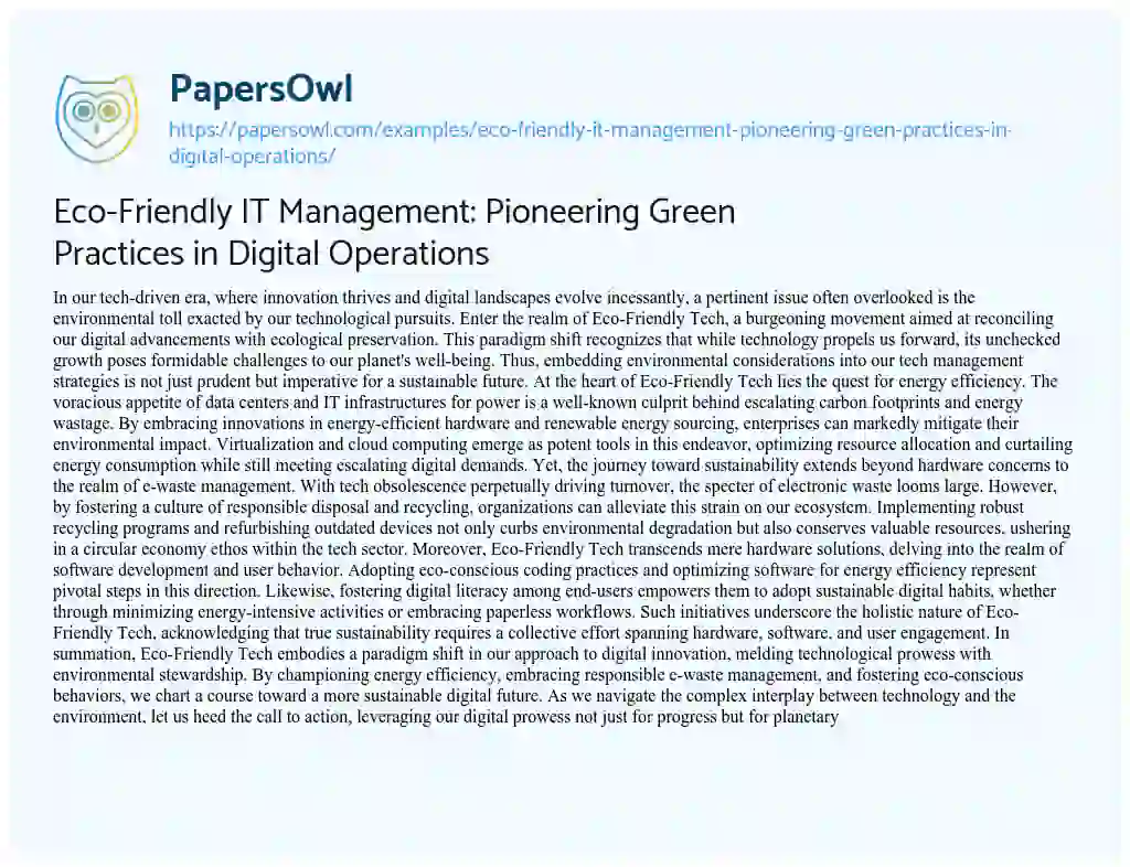 Essay on Eco-Friendly it Management: Pioneering Green Practices in Digital Operations
