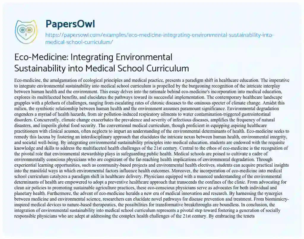 Essay on Eco-Medicine: Integrating Environmental Sustainability into Medical School Curriculum