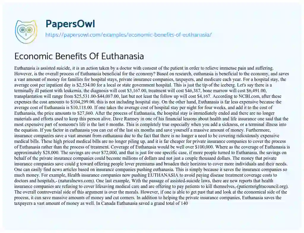 Essay on Economic Benefits of Euthanasia