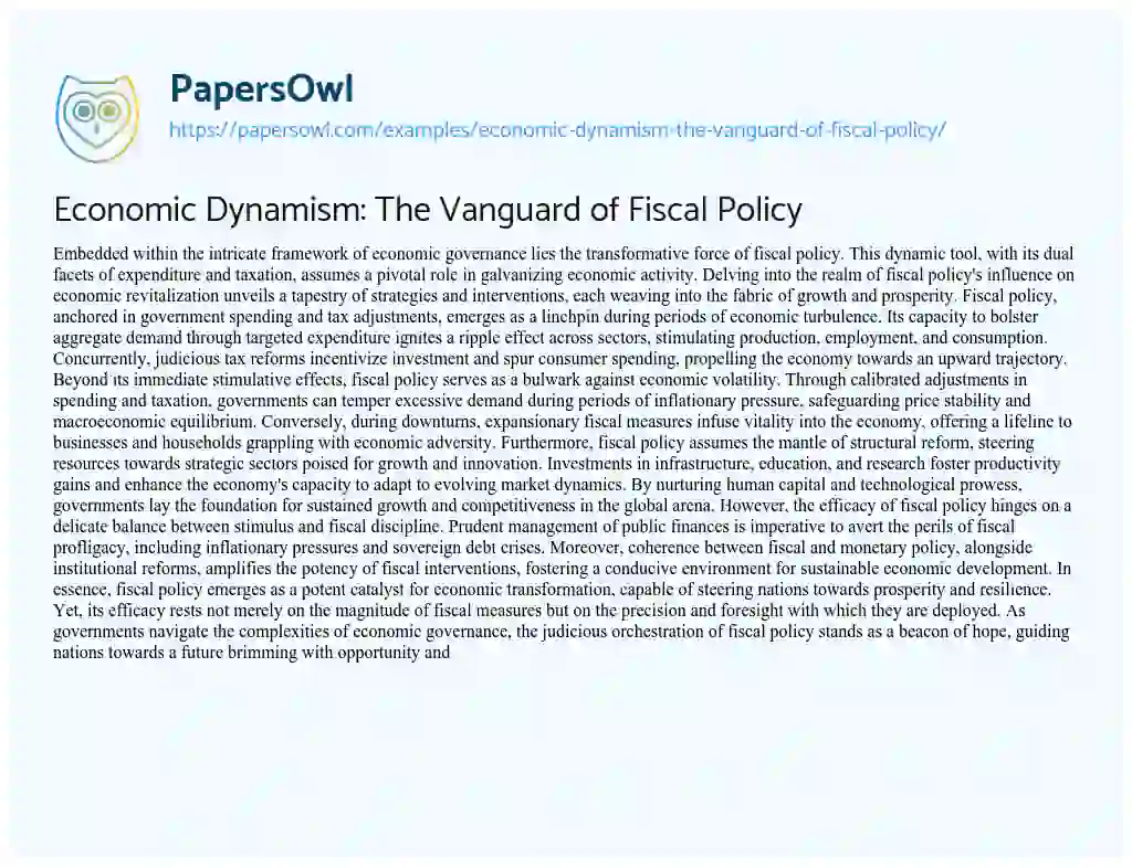 Essay on Economic Dynamism: the Vanguard of Fiscal Policy