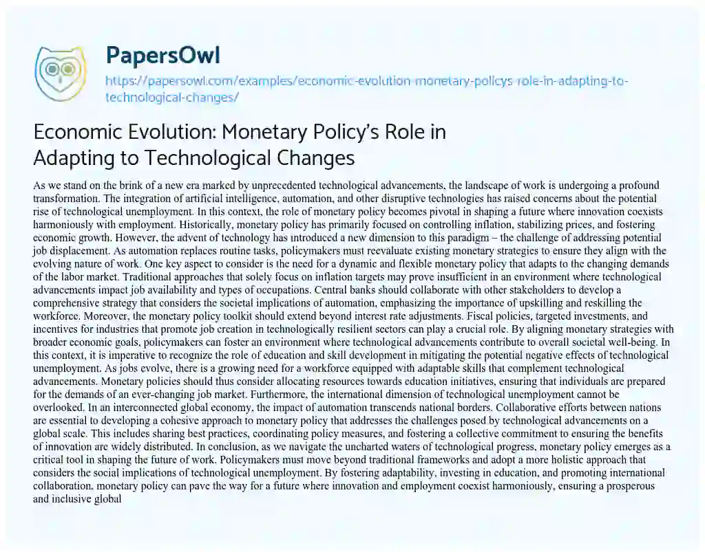 Essay on Economic Evolution: Monetary Policy’s Role in Adapting to Technological Changes