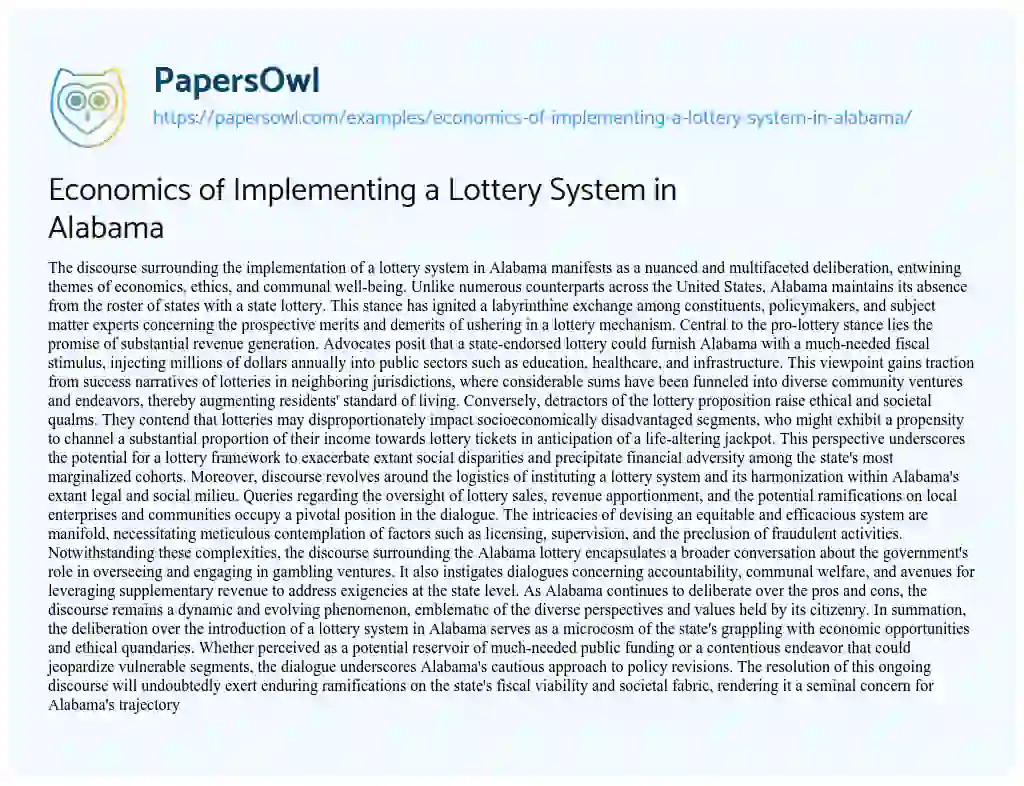 Essay on Economics of Implementing a Lottery System in Alabama