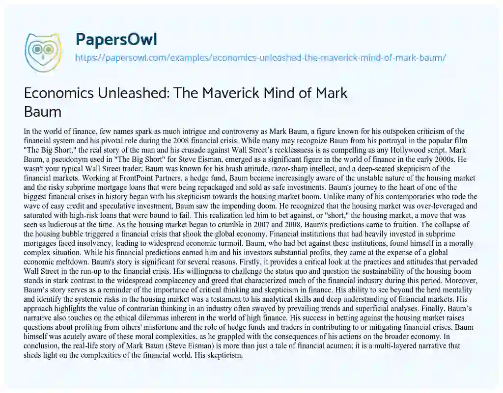 Essay on Economics Unleashed: the Maverick Mind of Mark Baum